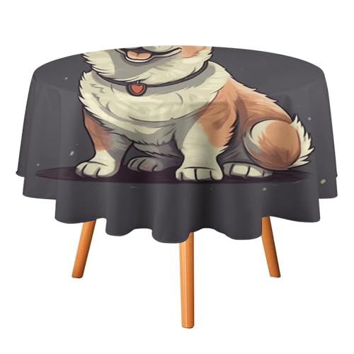DDTKLSNV Runde Tischdecke mit niedlichem Corgi-Hunde-Illustration, 127 x 127 cm, wasserdicht, knitterfrei, schmutzabweisend, waschbar, Tischdecke für Picknick, Party, Esszimmer, Heimdekoration von DDTKLSNV