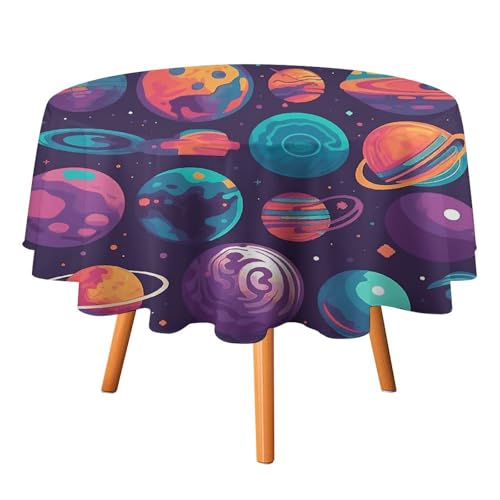 DDTKLSNV Runde Tischdecke mit verschiedenen Planeten, wasserdicht, knitterfrei, schmutzabweisend, waschbar, Tischdecke für Picknick, Party, Esszimmer, Heimdekoration von DDTKLSNV