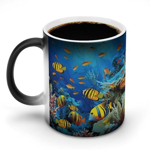 DDTKLSNV The Underwater World Keramik-Kaffeetasse, Motiv: tropische Fische, hitzeempfindlich, magische Kaffeetasse, Farbwechsel, Kaffeetasse, Teetasse für Damen und Herren, 325 ml von DDTKLSNV