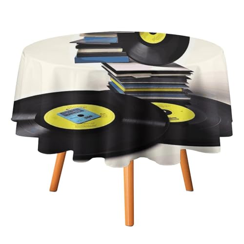 DDTKLSNV Vinyl-Schallplatten und Bänder, runde Tischdecke, 127 x 127 cm, wasserdicht, knitterfrei, schmutzabweisend, waschbar, Tischdecke für Picknick, Party, Esszimmer, Heimdekoration von DDTKLSNV