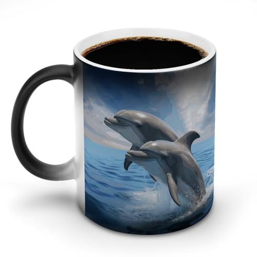 Keramik-Kaffeetasse mit zwei Delfinen, 325 ml, hitzeempfindlich, magische Kaffeetasse, Farbwechsel, Kaffeetasse, Teetasse für Damen und Herren von DDTKLSNV