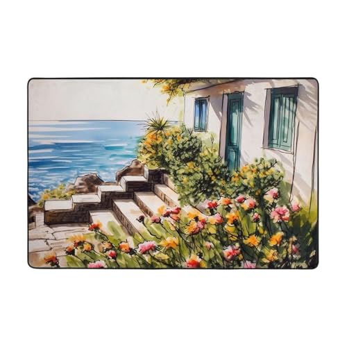 Moderner Teppich, Motiv: Blumen in der Nähe des Hauses, griechisches Meer, kurzer Plüsch, ultraweich, waschbar, rutschfeste Fußmatten, Überwurf-Teppiche für Wohnzimmer, Schlafzimmer, Büro, Wohnheim Moderner Teppich, Motiv: Blumen in der Nähe des Hauses, griechisches Meer, kurzer Plüsch, ultraweich, waschbar, rutschfeste Fußmatten, Überwurf-Teppiche für Wohnzimmer, Schlafzimmer, Büro, Wohnheim von DDTKLSNV