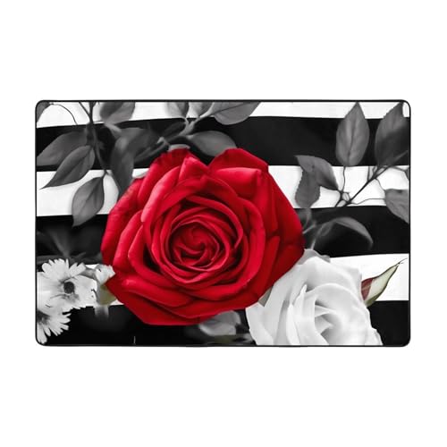 Moderner Teppich mit schwarz-weißen Streifen, rote Rosen, Blumen, kurzer Plüsch, ultraweich, für Eingangsbereich, waschbar, rutschfeste Fußmatten, Überwurf, Teppiche für Wohnzimmer, Schlafzimmer, Büro Moderner Teppich mit schwarz-weißen Streifen, rote Rosen, Blumen, kurzer Plüsch, ultraweich, für Eingangsbereich, waschbar, rutschfeste Fußmatten, Überwurf, Teppiche für Wohnzimmer, Schlafzimmer, Büro von DDTKLSNV
