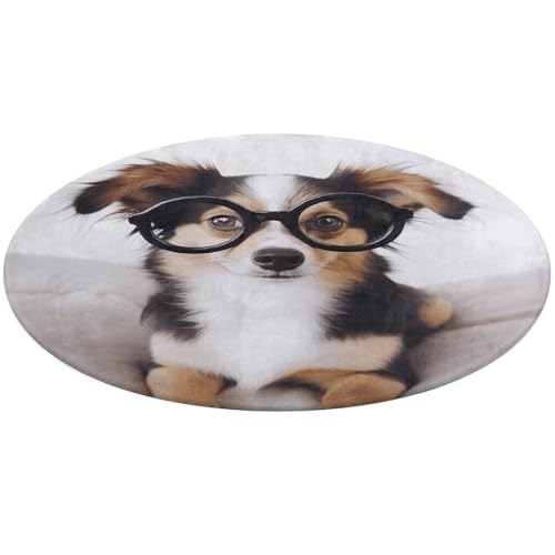 Niedlicher Hund mit Brille, runder Teppich, rutschfest, weich, waschbar, saugfähig, für Küche, Schlafzimmer, Badezimmer, Heimdekoration, 61 x 61 cm von DDTKLSNV