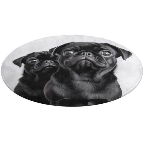 Niedlicher schwarzer Mops-Hund, runder Teppich, rutschfest, weich, waschbar, saugfähig, für Küche, Schlafzimmer, Badezimmer, Heimdekoration, 61 x 61 cm von DDTKLSNV