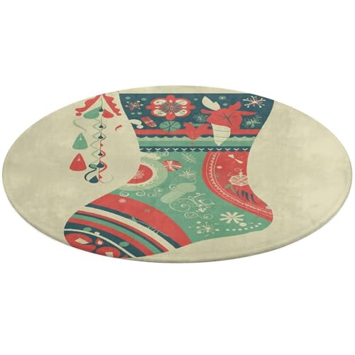 Rentier-Weihnachtsstrumpf, rund, rutschfest, weiche Bodenmatte, waschbar, saugfähig, Teppich, Überwurf, Teppiche für Küche, Schlafzimmer, Badezimmer, Heimdekoration, 61 x 61 cm von DDTKLSNV