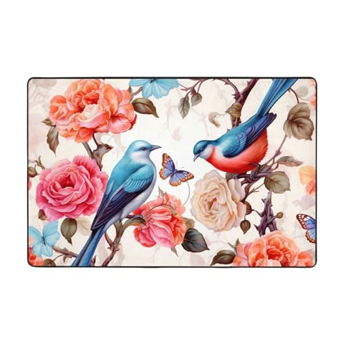 Romantischer, ausgefallener Teppich mit Blumenmuster, Vögel, Schmetterling, moderner Teppich, kurzer Plüsch, ultraweich, waschbar, rutschfeste Fußmatten, Überwurf-Teppiche für Wohnzimmer, Schlafzimmer von DDTKLSNV