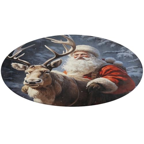Runder Teppich, Weihnachtsmann und Hirsch, Elch, rutschfest, weich, waschbar, saugfähig, für Küche, Schlafzimmer, Badezimmer, Heimdekoration, 61 x 61 cm von DDTKLSNV