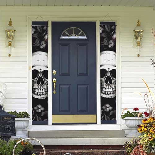 Veranda Banner Hängende Tür Banner, Schwarz Floral Skull Willkommen Sommer Veranda Banner Happy Birthday Veranda Schild Foto Hintergrund Party Banner Haustür Schilder für Urlaub Party Indoor Outdoor von DDTKLSNV