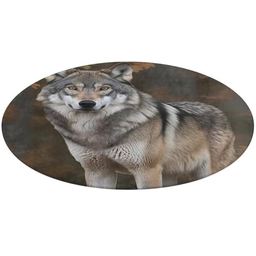 Wilder grauer Wolf, runder Teppich, rutschfest, weich, waschbar, saugfähig, für Küche, Schlafzimmer, Badezimmer, Heimdekoration, 61 x 61 cm von DDTKLSNV