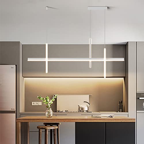 DDYY Dimmable Pendelleuchten Esstisch Moderne Weiss LED Pendellampe mit Fernbedienung 4 Flamme höhenverstellbare Hängeleuchten 26w Linearer Streifen Leuchter für Esszimmer Büro Küche lampe L100cm von DDYY