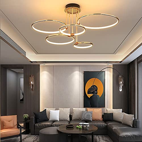 DDYY LED-Deckenleuchte groß Dimmbar Wohnzimmerlampe mit Fernbedienung Metall-Acryl Runde Modern Deckenlampe für Wohnzimmer, Schlafzimmer, Küche, Flur, Balkon, Esszimmer Lampe Gold (5 Ringe) von DDYY