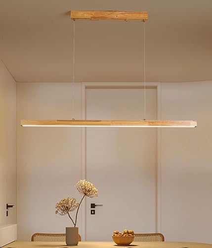 LED Pendelleuchte Holz dimmbar Hängeleuchte esstisch mit Fernbedienung pendellampe höhenverstellbar Moderne Linear design wohnzimmerlampe hängend für büro esszimmer Küche Hängelampe 120cm (L120CM) von DDYY