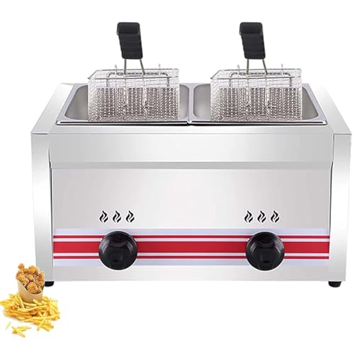 DDZJTPP Kommerzielle Gas Fritteuse Edelstahl Fritteuse Fritteuse Arbeitsplatte öl Friteuse Mit Frittierkorb Und Deckel Friteuse Mit Großer Kapazität,Für Pommes Frites,Doublecylinder10L+10L von DDZJTPP