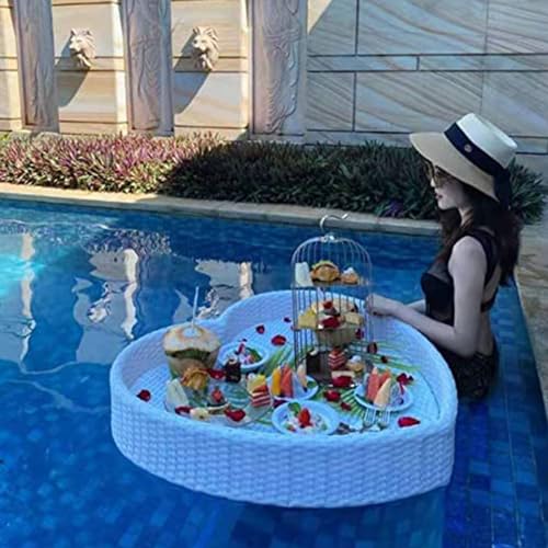 DDZJTPP Schwimmendes Tablett für Pool Herz mit Griffen,Schwimmtablett für den Pool,Rattan Gewebtes Serviertablett,Schwimmendes Luxus-Serviertablett,Tischbar,Schwimmbecken,Schwimmendes Tablett,White von DDZJTPP