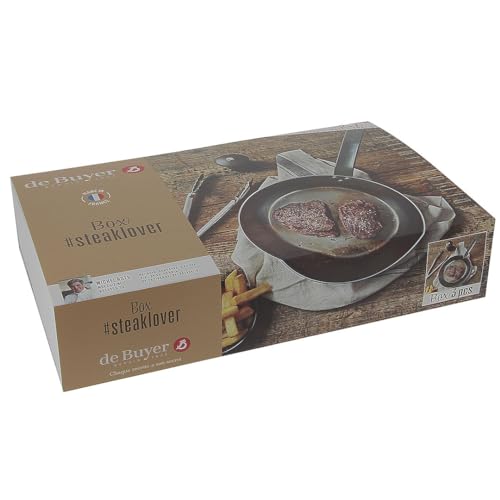 de Buyer - Box #STEAKLOVER: MINERAL B Bratpfanne Ø 26CM + Zange aus Edelstahl + Pfeffermühle aus Buchenholz - 5610.03 von DE BUYER