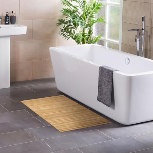 DE-COmmerce Badteppich aus Bambus Lines Nature 50 x 50 cm Badematte Badvorleger Duschmatte rutschhemmend von DE-COmmerce