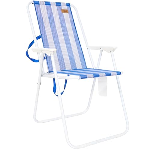 DE VES SPORT Strandstuhl, faltbar, mit Griffen und Schutzvorrichtungen, robuster Strandstuhl mit Schutzvorrichtungen für Strand und Camping, Blau und Weiß (Einfach) von DE VES SPORT