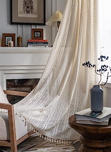 DEAMOS Beige Vintage Vorhänge Landhausstil Häkeln Stricken Gardinen,Boho Polyester Baumwolle Transparent Vorhang für Küche Wohnzimmer Schlafzimmer,2er Set,B150×H160cm von DEAMOS