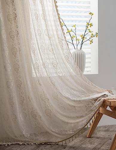 DEAMOS Beige Vintage Vorhänge Landhausstil Häkeln Stricken Gardinen,Boho Polyester Baumwolle Transparent Vorhang für Küche Wohnzimmer Schlafzimmer,2er Set,B150×H160cm von DEAMOS