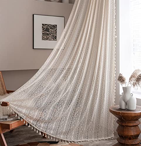 DEAMOS Beige Vintage Vorhänge Landhausstil Häkeln Stricken Gardinen,Boho Polyester Baumwolle Transparent Vorhang für Küche Wohnzimmer Schlafzimmer,2er Set,B150×H180cm von DEAMOS