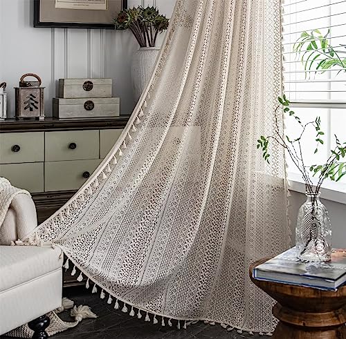 DEAMOS Beige Vintage Vorhänge Landhausstil Häkeln Stricken Gardinen,Boho Polyester Baumwolle Transparent Vorhang für Küche Wohnzimmer Schlafzimmer,2er Set,B150×H200cm von DEAMOS