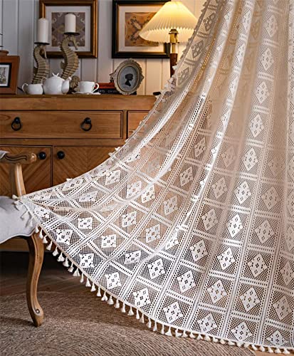 DEAMOS Beige Vintage Vorhänge Landhausstil Häkeln Stricken Gardinen,Boho Polyester Baumwolle Transparent Vorhang für Küche Wohnzimmer Schlafzimmer,2er Set,B150×H200cm von DEAMOS