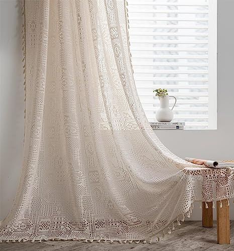 DEAMOS Beige Vintage Vorhänge Landhausstil Häkeln Stricken Gardinen,Boho Polyester Baumwolle Transparent Vorhang für Küche Wohnzimmer Schlafzimmer,2er Set,B150×H220cm von DEAMOS