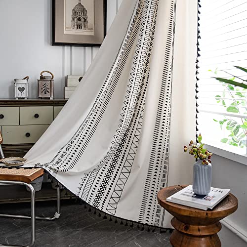 DEAMOS Boho Vorhänge Landhausstil Baumwolle Leinen Quaste Gardinen, Weiß und Schwarz Geometrischen Küche Wohnzimmer Schlafzimmer Gardine,1 Stück,B150×H220cm von DEAMOS