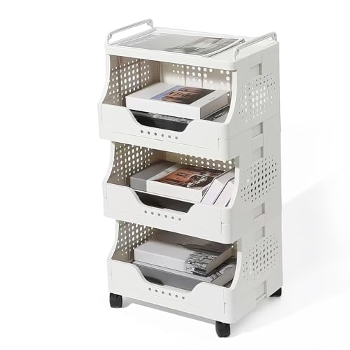 DEANIC Faltbar Bücherregal mit Rollen, 4 Ebenen Mobiles Rollwagen, Mehrzweck-Bücherwagen Organizer mit Griffen für Arbeitszimmer, Büro, Untertischablage (Weiß) von DEANIC