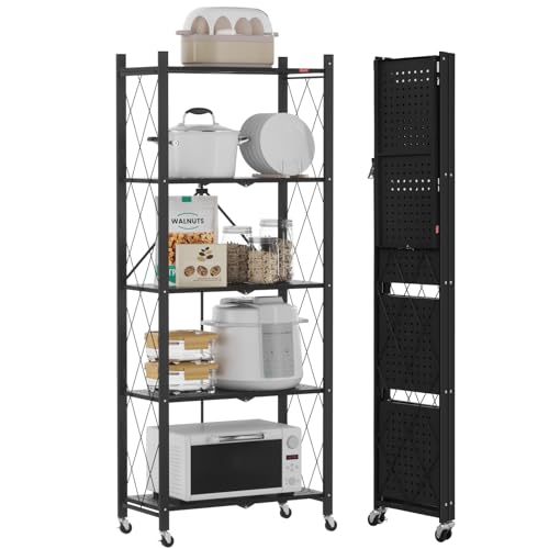 DEANIC Faltbare Aufbewahrungsregale, 5 Etagen, Metallregal zur Aufbewahrung, 61 x 147 x 28 cm, Eck-Küchenregale auf Rädern, Speisekammerregale, Bücherregal für Wohnzimmer, Schwarz DEANIC Faltbare Aufbewahrungsregale, 5 Etagen, Metallregal zur Aufbewahrung, 61 x 147 x 28 cm, Eck-Küchenregale auf Rädern, Speisekammerregale, Bücherregal für Wohnzimmer, Schwarz von DEANIC