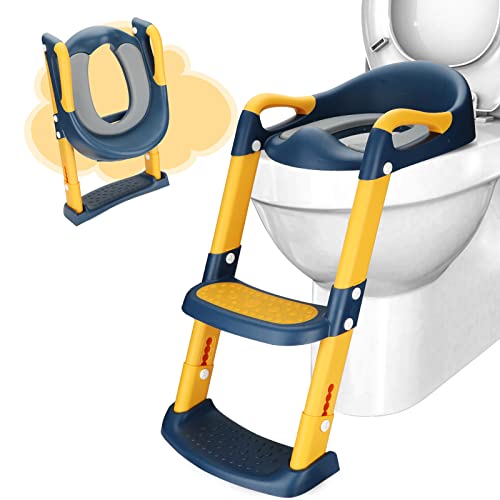 DEANIC Toilettensitz Kinder mit Treppe, Töpfchen mit Leiter &PU Gepolstert, Toilettenaufsatz für Kinder ab 1-7 jahre, Klositz für Kinder 38-47cm (Blau) von DEANIC
