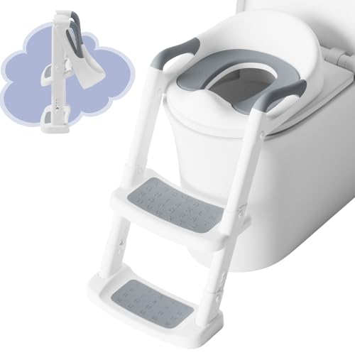 DEANIC Toilettensitz Kinder mit Treppe, Töpfchen mit Leiter &PU Gepolstert, Toilettenaufsatz für Kinder ab 1-7 jahre, Klositz für Kinder 38-47cm (Grau) von DEANIC