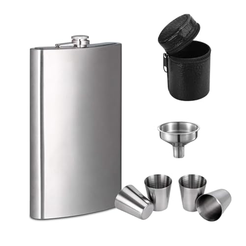 Deankeji 4 Stücke 30 ml Weingläser Flachmann mit Becher, 12 Unzen Edelstahl Flask, Flachmänner mit Trichter und Leder -Weinglasständer zum Wandern, Reisen und Campen von DEANKEJI