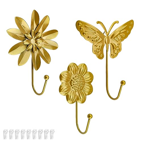 DEANKEJI Garderobenhaken Gold, 3 Stück Muster Kleiderhaken, Blumen und Schmetterlingsformen, Vintage Haken, für Schlafzimmer Küche Wohnzimmer Ddekorative von DEANKEJI