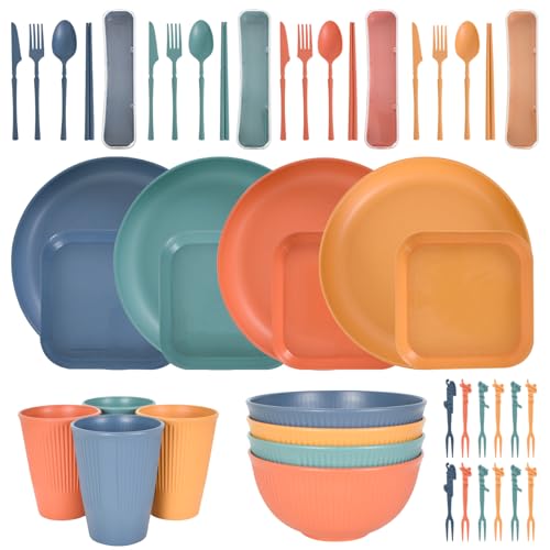 48 Teiliges Unzerbrechliches Geschirr Set, Leicht Bunt Grill Kunststoff-Geschirr-Sets, Wiederverwendbar Camping Geschirr Set für 4 Personen, Mikrowellen und Spülmaschinenfest für Picknicks von DEARBAG