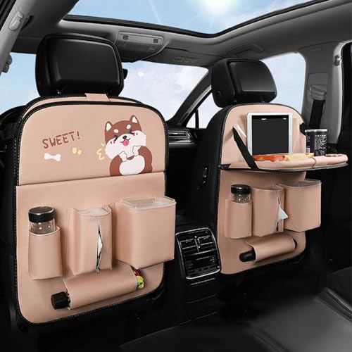 Auto Organizer Kinder, Rückenlehnenschutz Auto Kinder mit Faltbar Tisch, PU Leder Wasserdichter Rücksitz Organizer, Car Reisezubehör Aufbewahrungstasche, 4 Taschen und Tablet Tasche (Mops-Print) von DEARBAG
