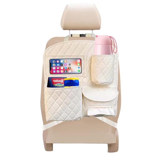 Autositz Organizer, Auto PU Leder Rückenlehnenschutz, Rückenlehnenschutz Organizer, Wasserdicht Kinderspielzeug Aufbewahrung Organizer, mit 4 Taschen Organizer 2 Haken Telefon Aufbewahrung (Off-White) von DEARBAG
