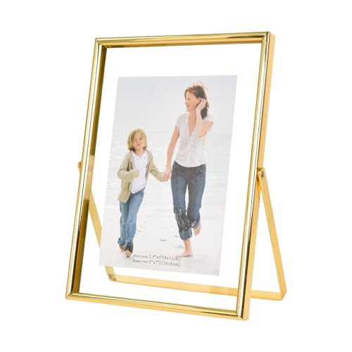DEARBAG 7 Zoll Bilderrahmen, 13 x 18cm Fotorahmen Schwimmender Rahmen in Metall mit Acrylglas, Kinderkunstfotorahmen, Tischdekoration für Schlafzimmer Schreibtisch Wohnzimmer Galerie (Gold) von DEARBAG