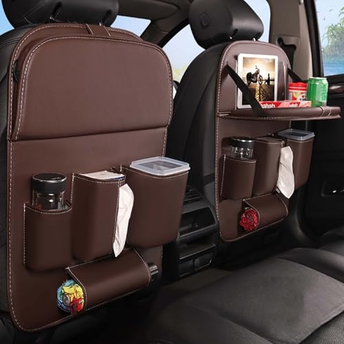 DEARBAG Auto Organizer Kinder, Rückenlehnenschutz Auto Kinder mit Faltbar Tisch, PU Leder Wasserdichter Rücksitz Organizer, Car Reisezubehör Aufbewahrungstasche, 4 Taschen und Tablet Tasche (Kaffee) von DEARBAG