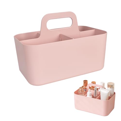 Korb Organizer mit Griff, mit 10 Aufklebern, Mehrzweck-Kunststoffkorb mit 5 Fach, Organizer Box mit Griffen 24x15x11 cm, Aufbewahrungsbox für Bad, Büro, Bastel- oder Schulbedarf (Rosa) von DEARBAG