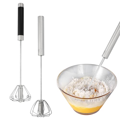Schneebesen 2 Stück Einfacher Automatischer Schneebesen Halbautomatischer Handschneebesen Edelstahl Drehbarer Push-Mixer Ballonschneebesen Küchen zum Mischen Schlagen Aufschäumen Rühren von DEARBAG