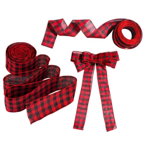 DEARMAMY 3 Stück Teiliges Weihnachtsripsband aus Leinen Rot Schwarz Kariert Langlebig und Vielseitig für DIY Geschenkverpackung Weihnachtsbaumdeko Schleifen Girlanden und Festtagsbasteln von DEARMAMY