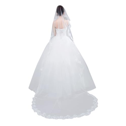 DEARMAMY Langer Brautschleier mit Spitzenborte Eleganter Weißer Hochzeitsschleier für Bräute Stickerei Klassisches Hochzeits Accessoire Geeignet für Festliche Anlässe von DEARMAMY