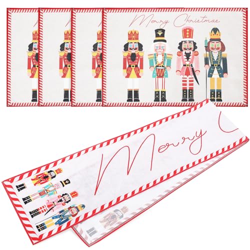 DEARMAMY Tischdecke 1 Set „Frohe Weihnachten“ Nussknacker-Tischläufer Tischsets Nussknacker-ESS-Set Für Winterurlaub Weihnachtsfeier Küche Esszimmer-Dekoration Weihnachtsdekorationen von DEARMAMY