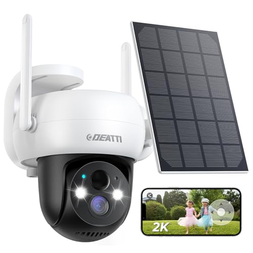 DEATTI 2K Überwachungskamera Aussen Akku WLAN, 360 Grad Kabellose Überwachungskamera mit Solarpanel, Kamera Outdoor mit PIR Bewegungsmelder mit Flutlicht, 2-Wege-Audio, Nachtsicht, 2,4GHz WLAN von DEATTI