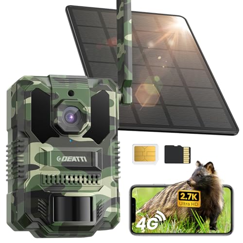 DEATTI 4G LTE Wildkamera mit Handyübertragung APP, 2.7K Solar Wildkamera mit SIM Karte, PIR Bewegungsmelder, Nachtsicht, 120 °Weitwinkel Wildtierkamera, IP66, 64GB SD Karte und 8000mAh Akku DEATTI 4G LTE Wildkamera mit Handyübertragung APP, 2.7K Solar Wildkamera mit SIM Karte, PIR Bewegungsmelder, Nachtsicht, 120 °Weitwinkel Wildtierkamera, IP66, 64GB SD Karte und 8000mAh Akku von DEATTI
