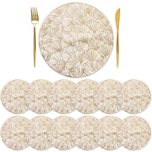 DEAYOU 12er Set Runde gepresste Vinyl Tischsets Gold Hochzeit Akzent Mittelstück Tischset rutschfeste Tischsets für Esstisch Küche Dekor 38 cm waschbar abwischbar hohl Ginkgo Biloba Design von DEAYOU