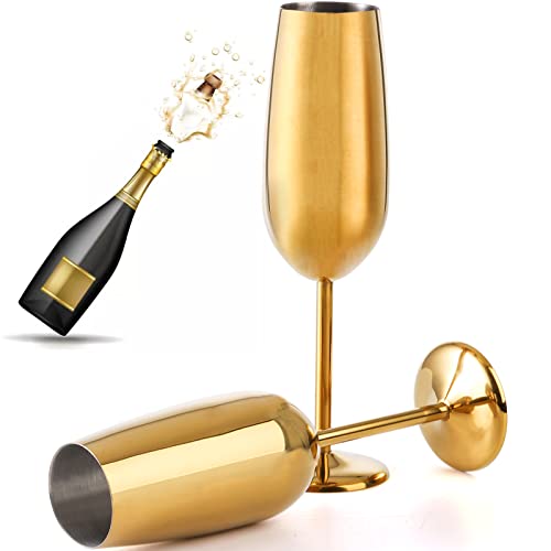 DEAYOU 2er-Pack Edelstahl Champagnerglas 200 ml unzerbrechliche Gold Champagnerflöten, tragbarer Metall-Weinkelch, bruchsicheres Trinkgeschirr mit Stiel für Cocktail, täglich, formell von DEAYOU