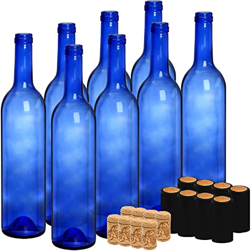 DEAYOU 8 Stück 750 ml Bordeaux-Weinflaschen, transparente Glasflaschen mit 8 Korken und PVC-Schrumpfkapseln, leere Flasche mit flachem Boden für Weinrot, Likör, Champagner, Dekoration, Kobaltblau von DEAYOU